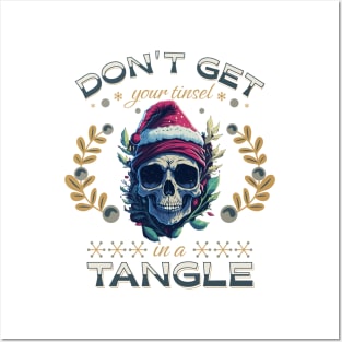 Funny Christmas Skeleton Wearing Santa Hat, Tinsel in a Tangle Posters and Art